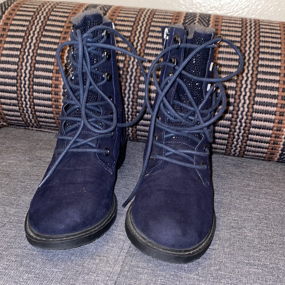 Blue combat boots with sparkle heel and front
